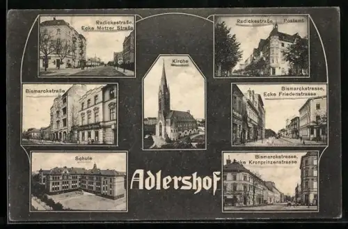 AK Berlin-Adlershof, Bismarckstrasse mit Gasthaus, Kirche, Postamt Radickestrasse