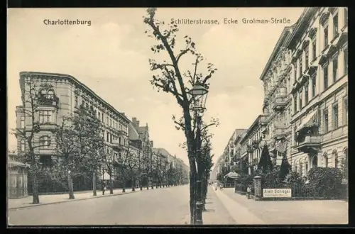 AK Berlin-Charlottenburg, Schlüterstrasse Ecke Grolmanstrasse, Schusterei Alwin Schlegel