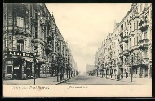 AK Berlin-Charlottenburg, Mommsenstrasse mit Lebensmittelgeschäft von Julius Marx