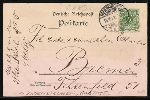 Lithographie Rodenkirchen / Oldenburg, Gasthof-Restaurant Friedrich Wegner, Garten, Ilme