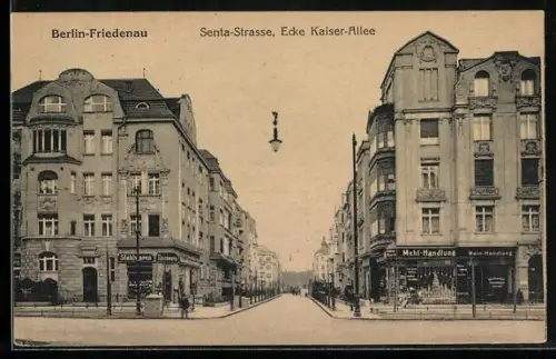 AK Berlin-Friedenau, Sentastrasse Ecke Kaiser-Allee, Stahlwaren, Mehl-Handlung