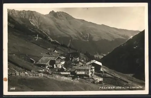AK Praxmar im Lisensertal, Bergpanorama mit Gehöften