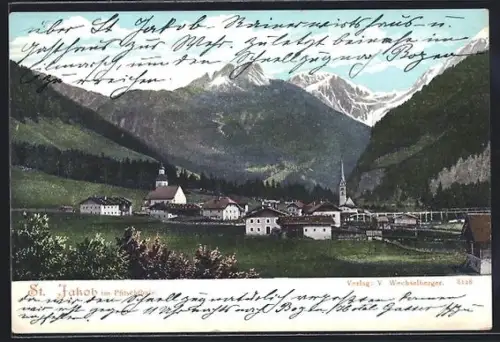 AK St. Jakob im Pfitschtal, Ortsansicht mit Kirche und Bergpanorama