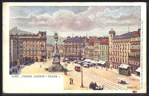 Künstler-AK Linz, Franz-Josefs-Platz, Pestsäule, Strassenbahn
