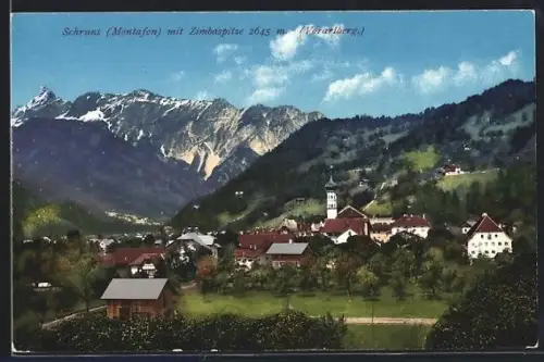 AK Schruns /Montafon, Ortsansicht mit Kirche und Zimbaspitze