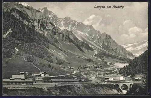 AK Langen am Arlberg, Bergpanorama mit Viadukt