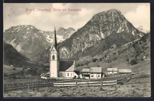 AK Brand /Vorarlberg, Kirche mit Scesaplana