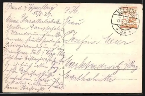 AK Brand i. Vorarlberg, Ortsansicht mit Kirche und Gebirgspanorama