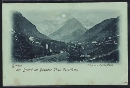 Mondschein-AK Brand im Brander Thal, Talpanorama mit Gehöften und Bergkulisse