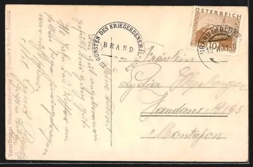 AK Brand, Kriegerdenkmal mit Kirche