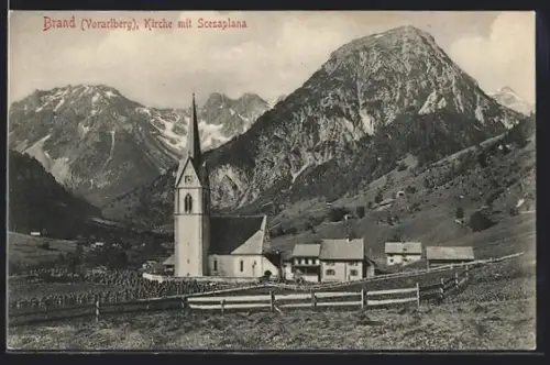 AK Brand /Vorarlberg, Kirche mit Scesaplana