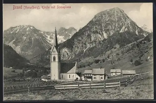AK Brand /Vorarlberg, Kirche mit Scesaplana