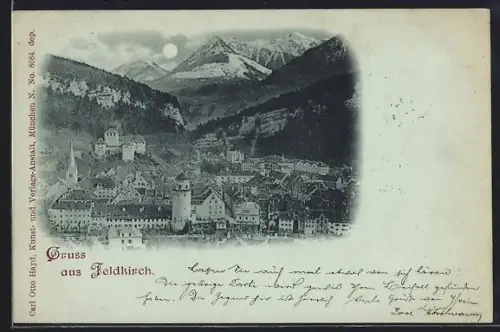 Mondschein-AK Feldkirch, Panorama vor Bergkulisse