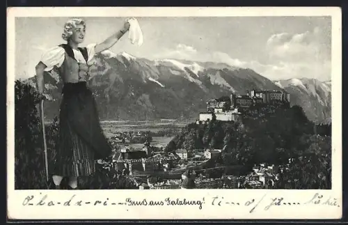 AK Salzburg, Panorama mit Festung Hohensalzburg und Frau in Tracht