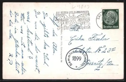 AK Salzburg, Panorama mit Festung Hohensalzburg und Frau in Tracht