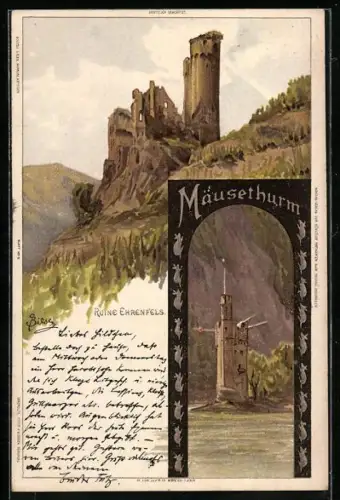 Künstler-AK C.Biese: Ruine Ehrenfels und Mäuseturm