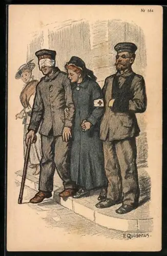 Künstler-AK Fritz Quidenus: Krankenschwester mit Blinden Veteranen