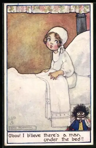 Künstler-AK Agnes Richardson: Im Bett liegendes Mädchen hat Angst vor einer Puppe unter dem Bett