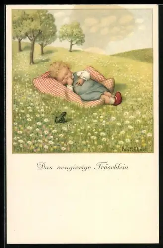 Künstler-AK Pauli Ebner: Frosch betrachtet auf der Wiese ein schlafendes Kind