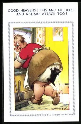 Künstler-AK Douglas Tempest: Kleine schwarze Katze krallt sich am Hintern einer Frau fest