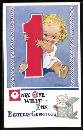 Künstler-AK Agnes Richardson: Glückwunsch zum 1. Geburtstag, Baby mit grosser 1