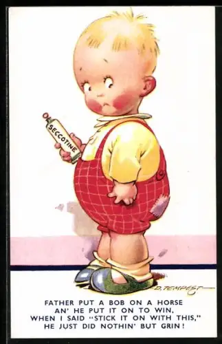 Künstler-AK Douglas Tempest: Kleinkind mit einer Phiole Seccotine in den Händen und Flicken in der Hose