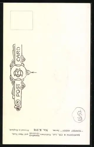 Künstler-AK Douglas Tempest: Kleinkind mit einer Phiole Seccotine in den Händen und Flicken in der Hose