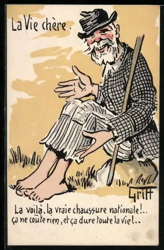 Künstler-AK Griff: Barfüssiger Mann mit kaputtem Hut und Wanderstock sitzt auf einem Stein