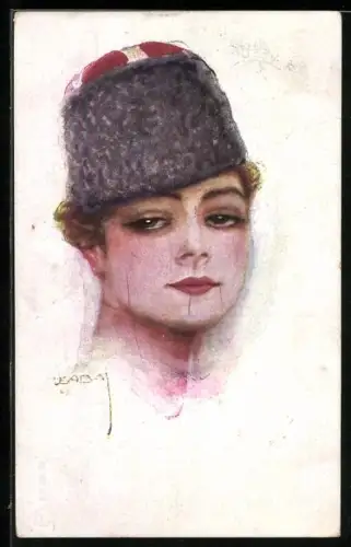 Künstler-AK Luis Usabal: Junge Dame mit hellem Haar und Hut