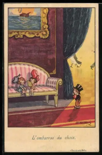 Künstler-AK Roberto Sgrilli: Junge mit Zylinder muss sich zwischen zwei Damen entschieden