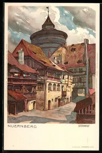 Künstler-AK K. Mutter: Nürnberg, Sternhof mit Turm im Hintergrund