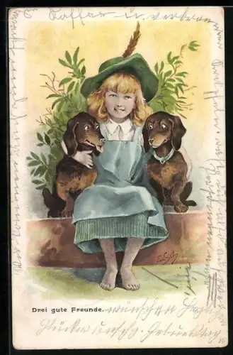 Künstler-AK Ernst Schlemo: Blondes Mädchen mit zwei Dackeln