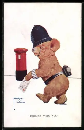 Künstler-AK Lawson Wood: Bär mit Helm und einer Postkarte in der Hand