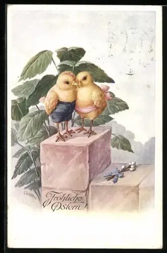 Künstler-AK C. Öhler: Zwei Singvögel auf einem Stein, einer mit Hose, der andere mit rosa Schärpe