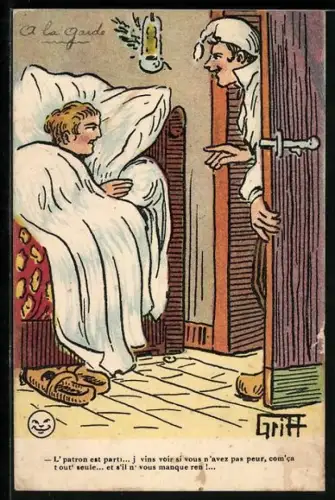 Künstler-AK Griff: Frecher Mann weckt eine genervte Frau