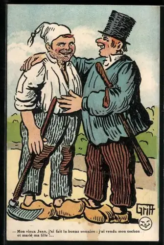 Künstler-AK Griff: Mann im Zylinder erzählt einem anderen von seiner guten Woche