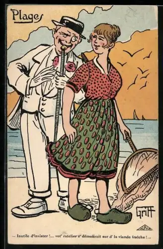 Künstler-AK Griff: Mann im weissen Anzug flirtet mit einer Fischerin