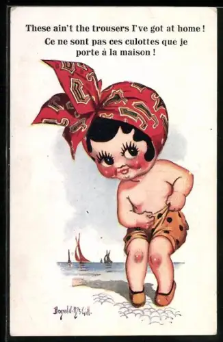 Künstler-AK Donald McGill: Rotwangiges Mädchen mit Kopftuch in Badekleidung