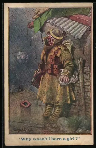Künstler-AK Donald McGill: Soldat im Feld fragt sich, warum er nicht als Mädchen geboren wurde