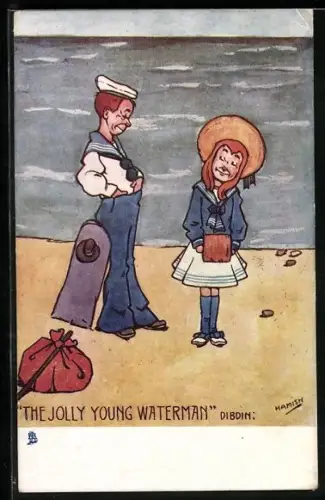 Künstler-AK Hamish: Matrose steht am Strand und beobachtet eine Frau mit Strohhut