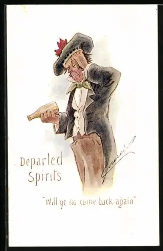 Künstler-AK Cynicus: Mann ist traurig darüber, dass seine Schnapsflasche leer ist