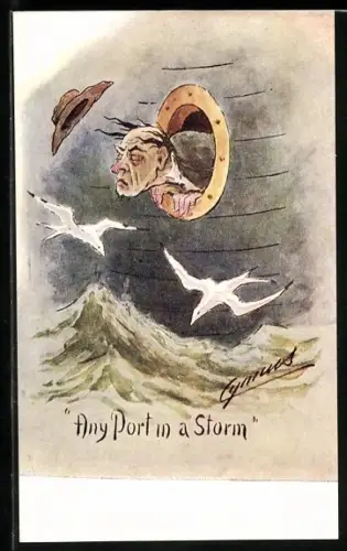 Künstler-AK Cynicus: Mann verliert beim Herausschauen aus einem Bullauge seinen Hut