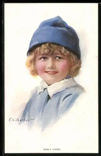 Künstler-AK Court Barber: Blondes Kind mit blauer Mütze und Locken