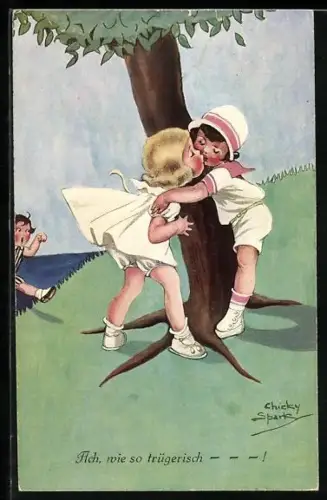 Künstler-AK Chicky Spark: Paar küsst sich hinter dem Rücken des Freundes