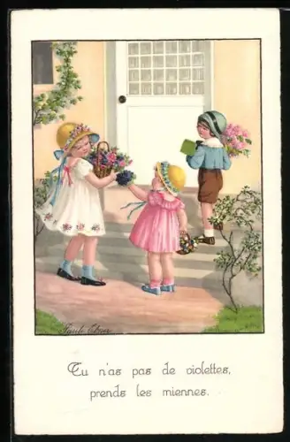 Künstler-AK Pauli Ebner: Drei Kinder mit Korb voller Blumen und Blumensträussen