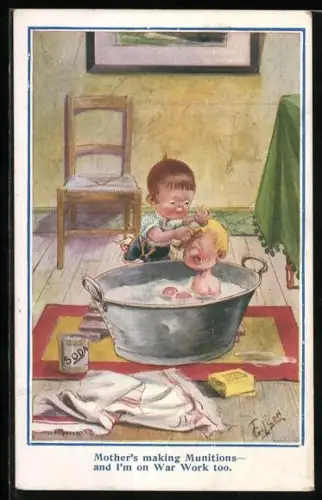 Künstler-AK T. Gilson: Kind wäscht einem anderen Kind die Haare in einer Wanne