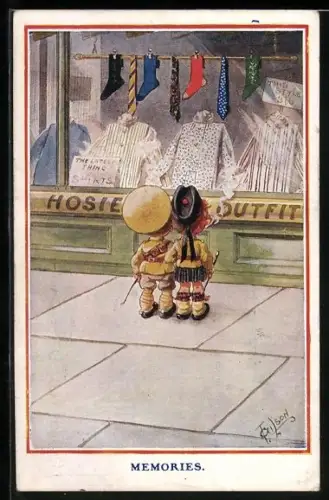 Künstler-AK T. Gilson: Kinder in Uniformen stehen rauchend an einem Schaufenster