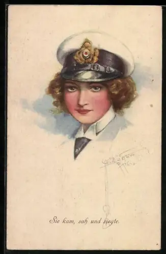 Künstler-AK Court Barber: Dame mit dunkelblonden Haaren und Kapitänsmütze