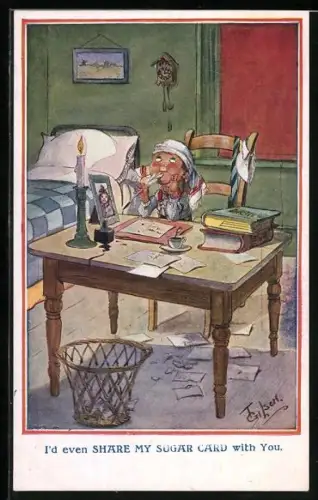 Künstler-AK T. Gilson: Kind am Schreibtisch denkt über einen geliebten Menschen nach