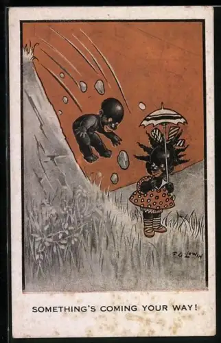 Künstler-AK Frederic G. Lewin: Ein Kind springt auf ein anderes herab, das einen Regenschirm trägt